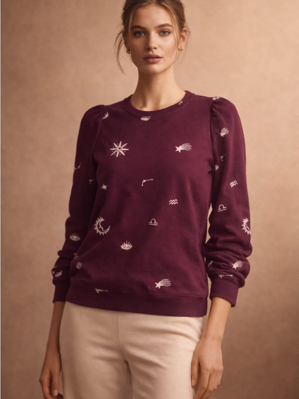 LOFT Plum Purple Embroidered Celestial Sweatshirt